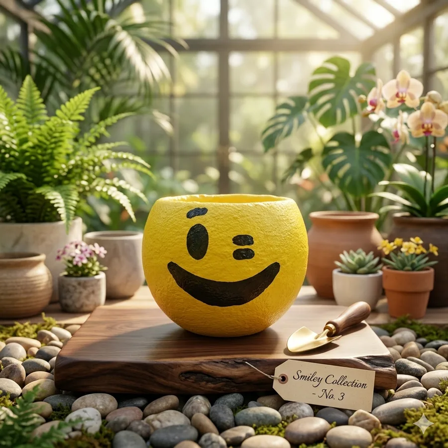 Maceta emoji chica guiño en invernadero