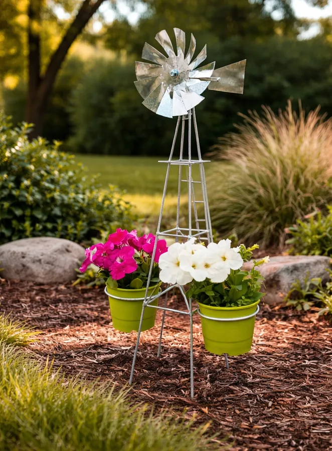 Molino decorativo de hierro con macetas y flores en un jardin